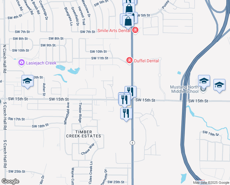 map of restaurants, bars, coffee shops, grocery stores, and more near 11501 Southwest 15th Street in Yukon
