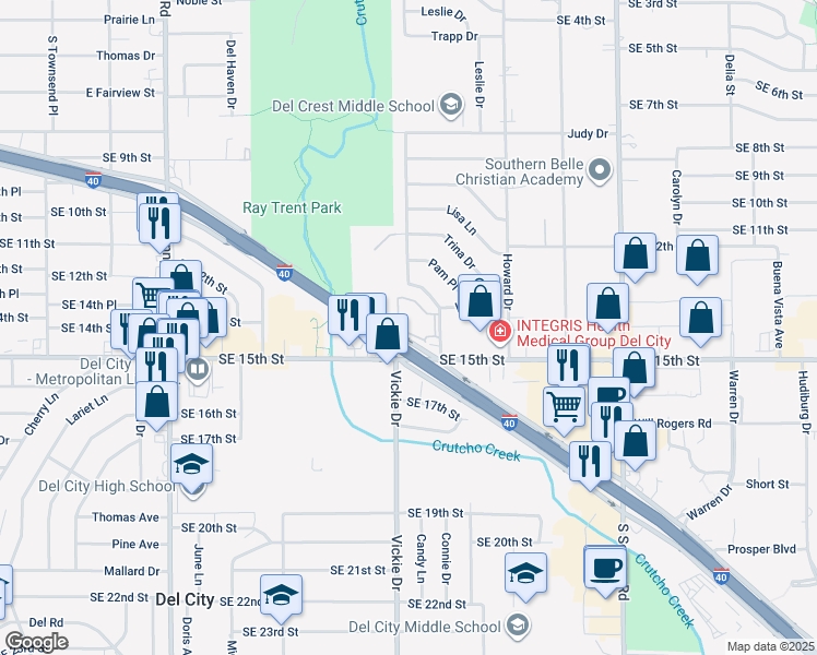 map of restaurants, bars, coffee shops, grocery stores, and more near 4 Tinker Diagonal Street in Del City