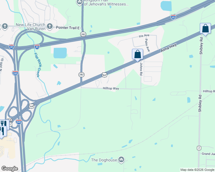 map of restaurants, bars, coffee shops, grocery stores, and more near 4229 Hilltop Way in Van Buren