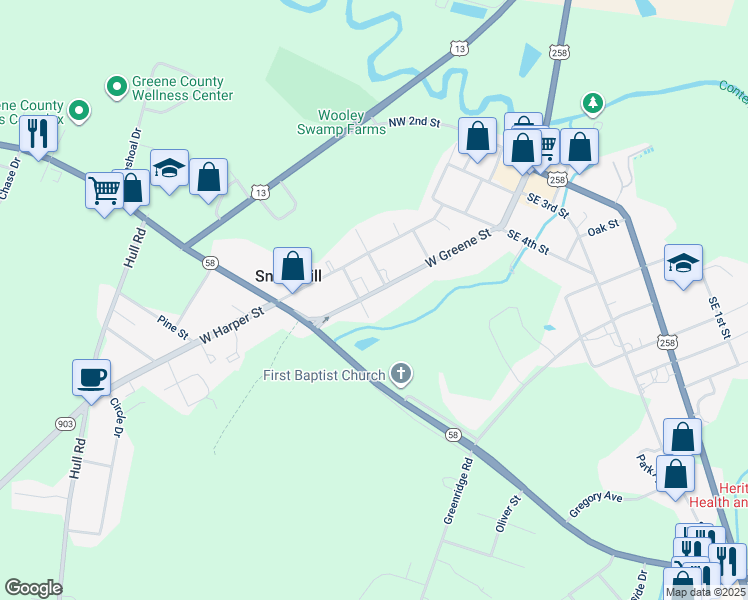 map of restaurants, bars, coffee shops, grocery stores, and more near 306 West Greene Street in Snow Hill