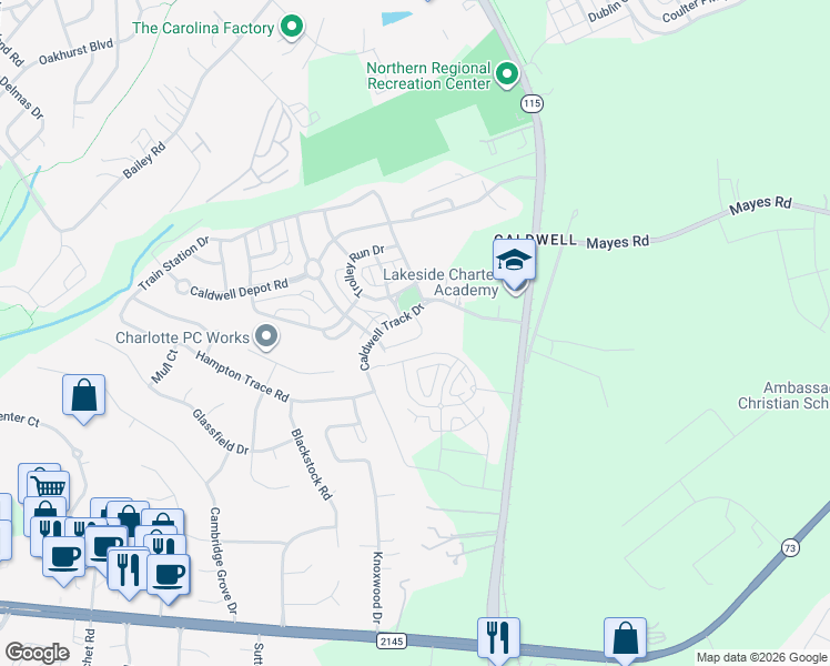 map of restaurants, bars, coffee shops, grocery stores, and more near 18478 Streamline Court in Cornelius