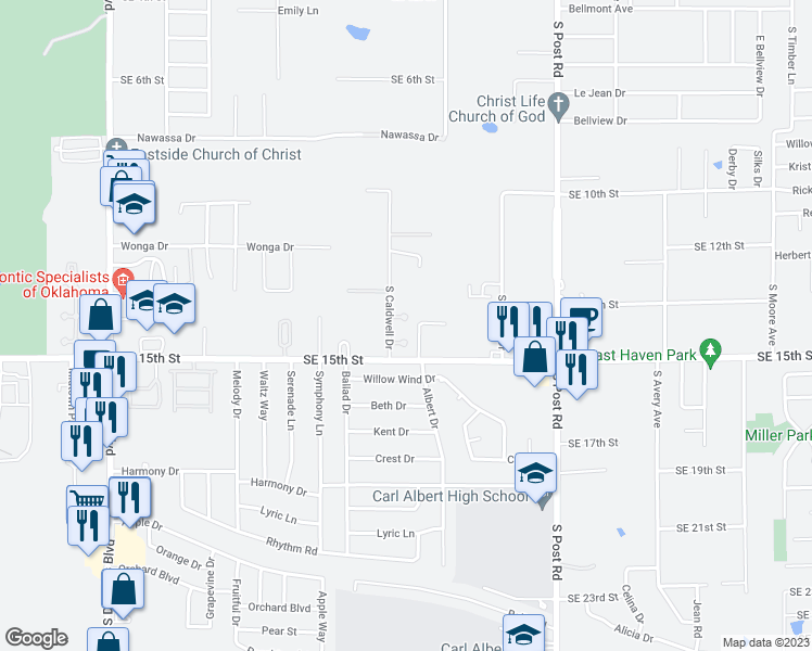 map of restaurants, bars, coffee shops, grocery stores, and more near 9708 Woodrock Place in Midwest City