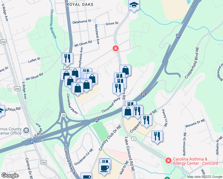 map of restaurants, bars, coffee shops, grocery stores, and more near 709 Doncastle Court in Concord