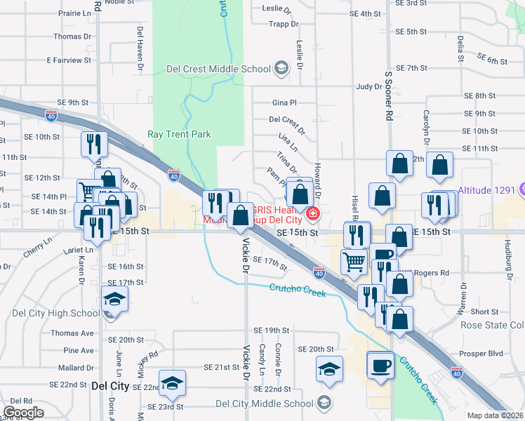 map of restaurants, bars, coffee shops, grocery stores, and more near 4625 Tinker Diagonal Street in Del City