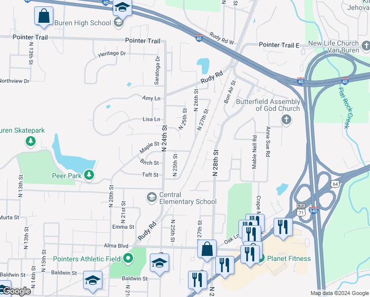 map of restaurants, bars, coffee shops, grocery stores, and more near 2505 Willow Street in Van Buren