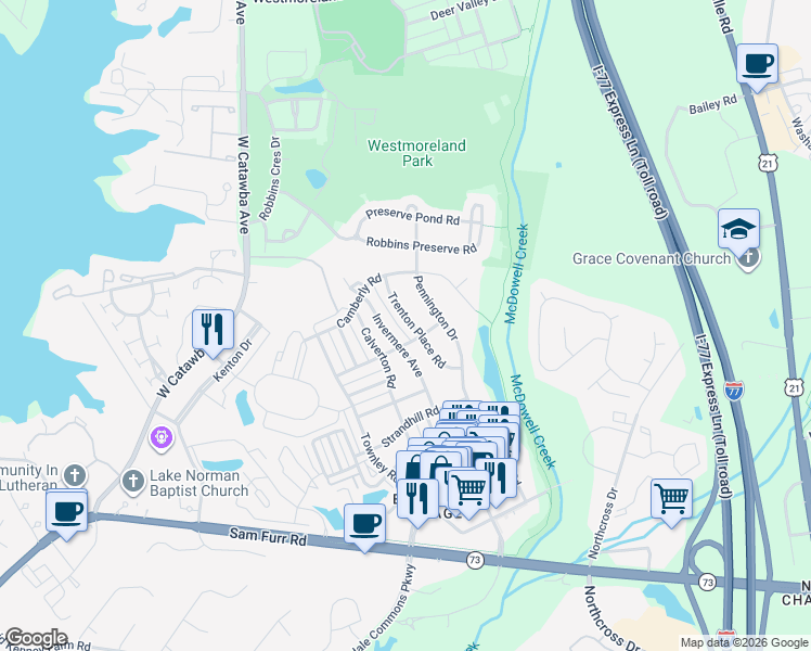 map of restaurants, bars, coffee shops, grocery stores, and more near 15814 Trenton Place Road in Huntersville