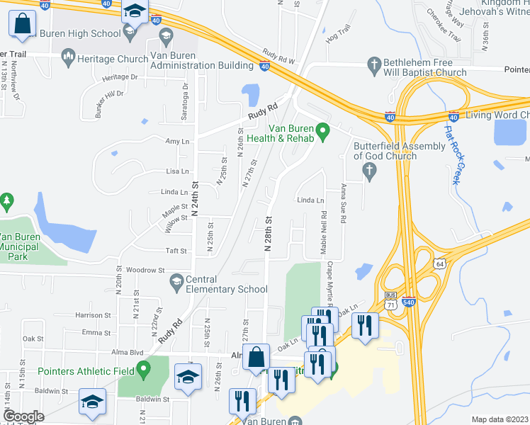 map of restaurants, bars, coffee shops, grocery stores, and more near 1213 North 28th Street in Van Buren