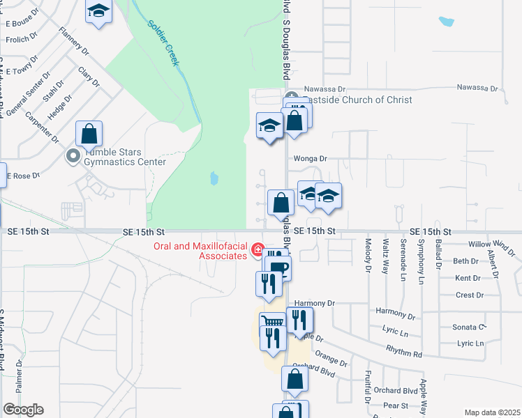 map of restaurants, bars, coffee shops, grocery stores, and more near 8900 Woodbriar Court in Midwest City