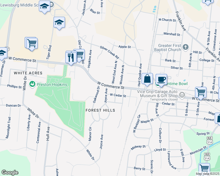 map of restaurants, bars, coffee shops, grocery stores, and more near 1221 Mooresville Highway in Lewisburg