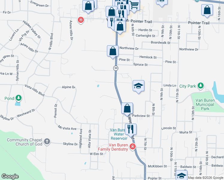 map of restaurants, bars, coffee shops, grocery stores, and more near 1111 Fayetteville Road in Van Buren