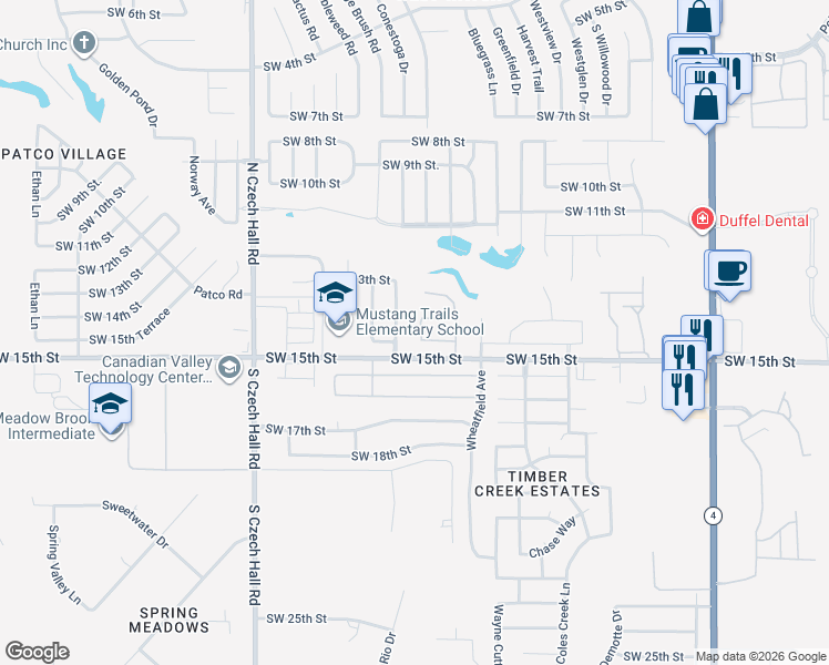 map of restaurants, bars, coffee shops, grocery stores, and more near 11814 Southwest 14th Street in Yukon