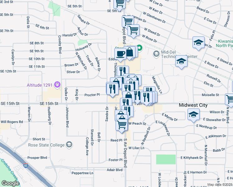 map of restaurants, bars, coffee shops, grocery stores, and more near 6807 Southeast 15th Street in Midwest City