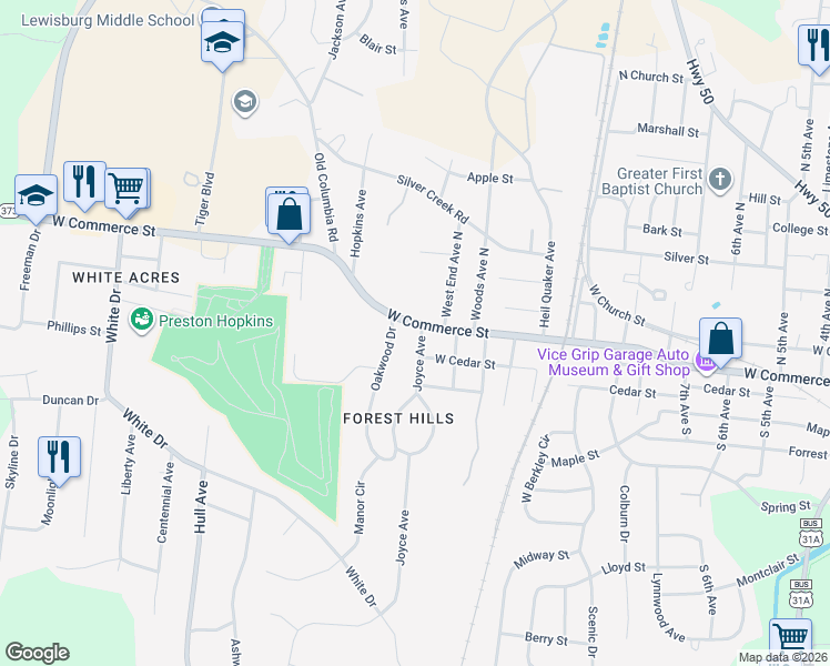 map of restaurants, bars, coffee shops, grocery stores, and more near 1327 West Commerce Street in Lewisburg
