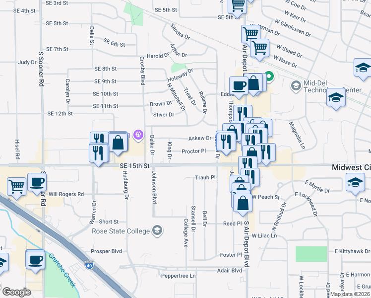 map of restaurants, bars, coffee shops, grocery stores, and more near 801 Proctor Place in Midwest City