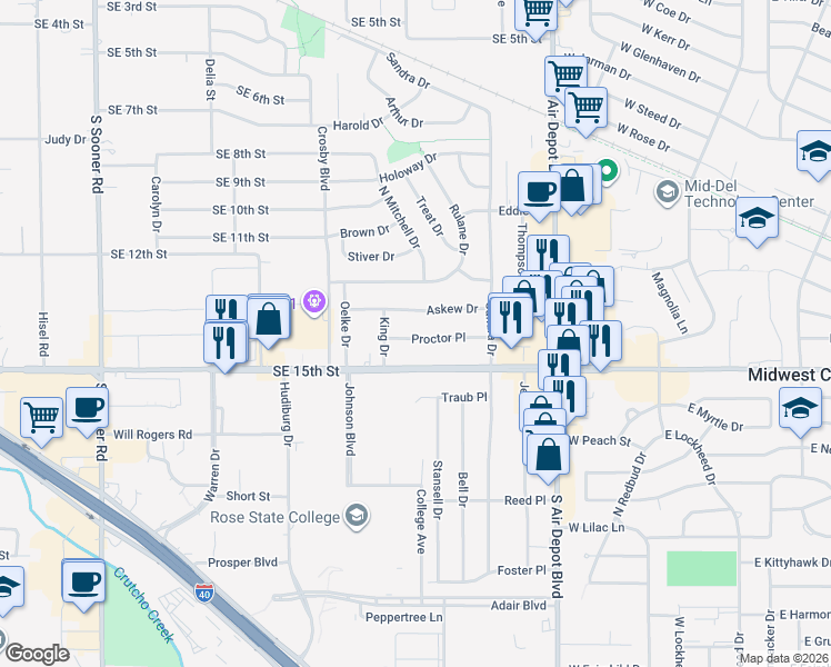map of restaurants, bars, coffee shops, grocery stores, and more near 801 Proctor Place in Midwest City