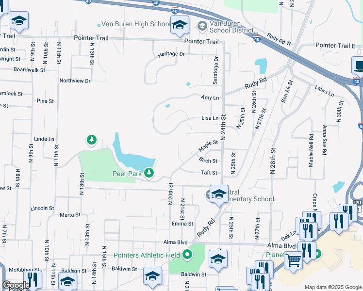 map of restaurants, bars, coffee shops, grocery stores, and more near 1112 North 21st Street in Van Buren