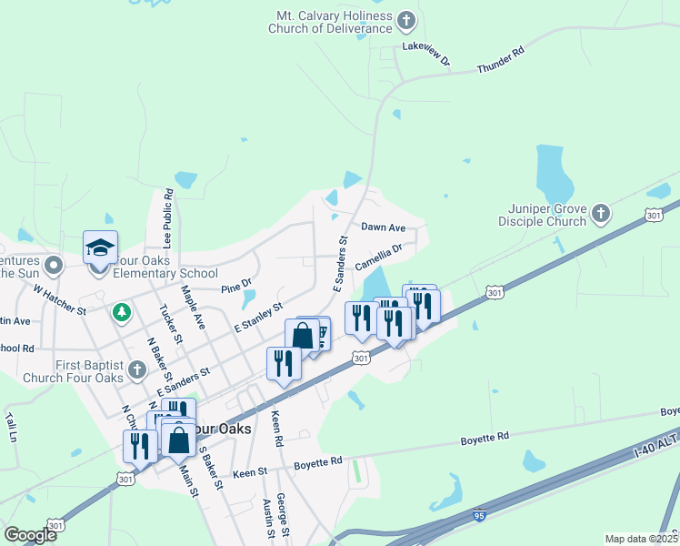 map of restaurants, bars, coffee shops, grocery stores, and more near 629 East Sanders Street in Four Oaks