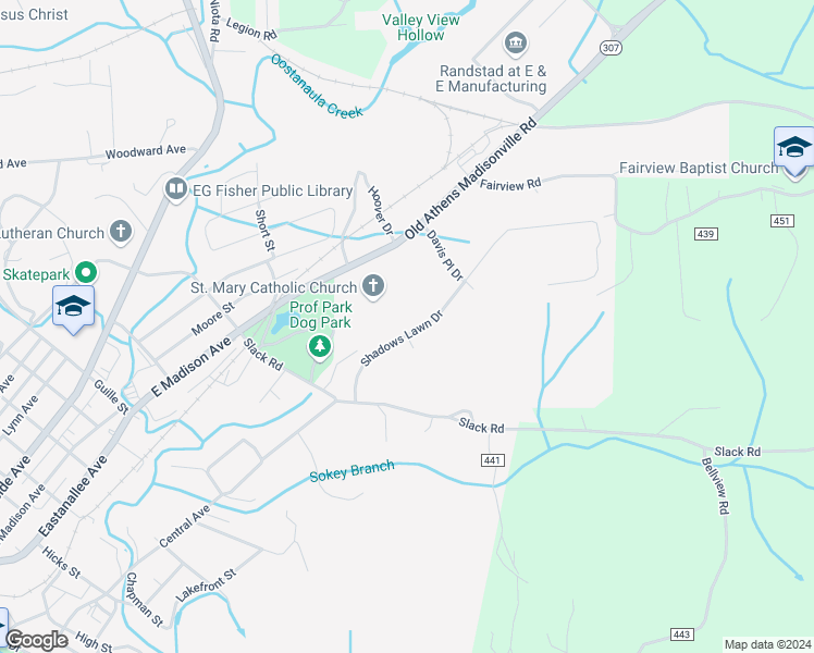 map of restaurants, bars, coffee shops, grocery stores, and more near 201 Shadows Lawn Drive in Athens