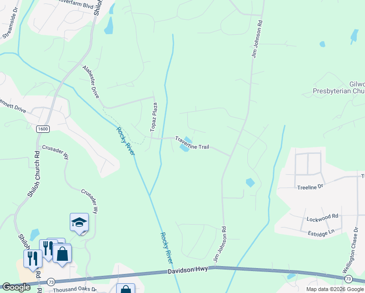 map of restaurants, bars, coffee shops, grocery stores, and more near 9937 Travertine Trail in Davidson