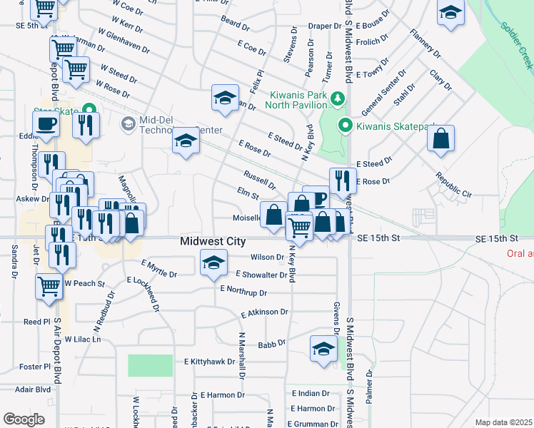 map of restaurants, bars, coffee shops, grocery stores, and more near 417 Moiselle Street in Midwest City
