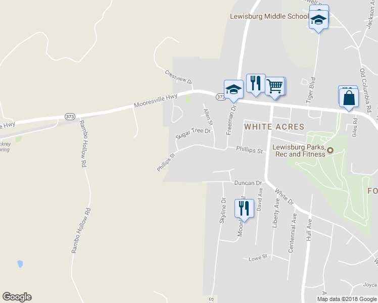 map of restaurants, bars, coffee shops, grocery stores, and more near 2073 Phillips Street in Lewisburg