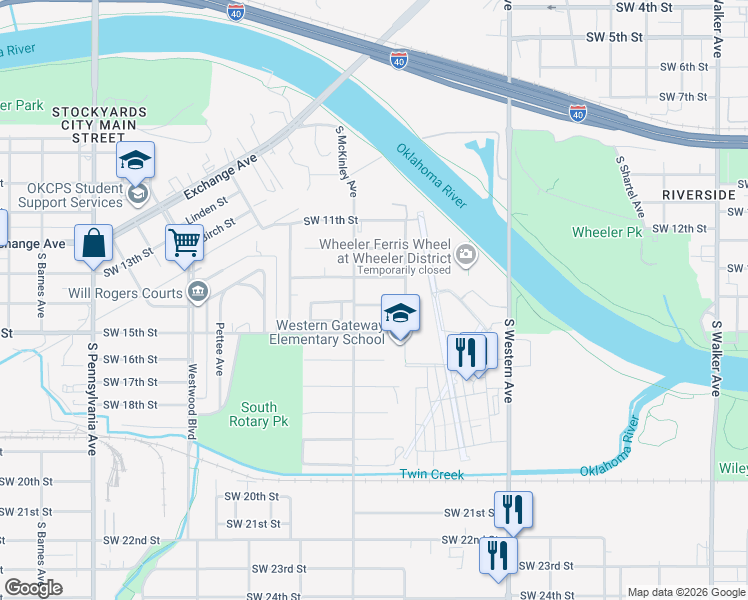 map of restaurants, bars, coffee shops, grocery stores, and more near 1329 Southwest 14th Street in Oklahoma City