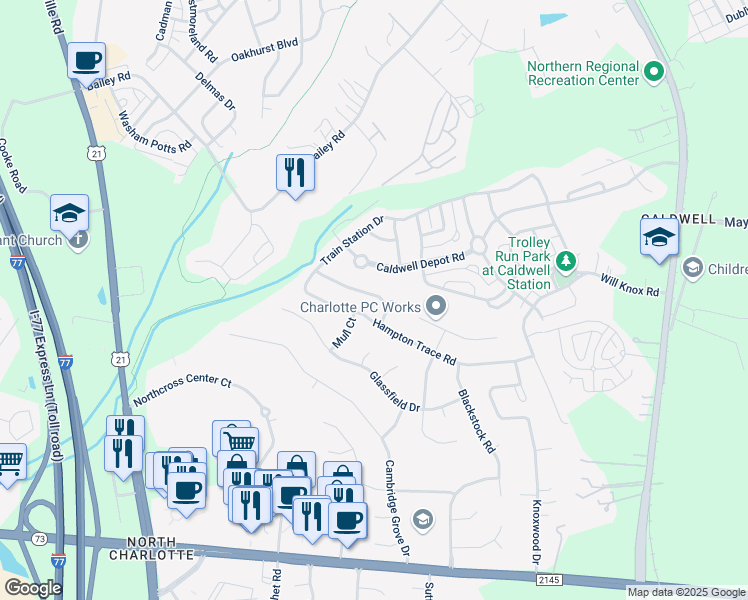 map of restaurants, bars, coffee shops, grocery stores, and more near 17711 Train Station Drive in Huntersville