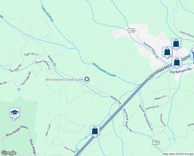 map of restaurants, bars, coffee shops, grocery stores, and more near 79 Winslow Road in Waynesville