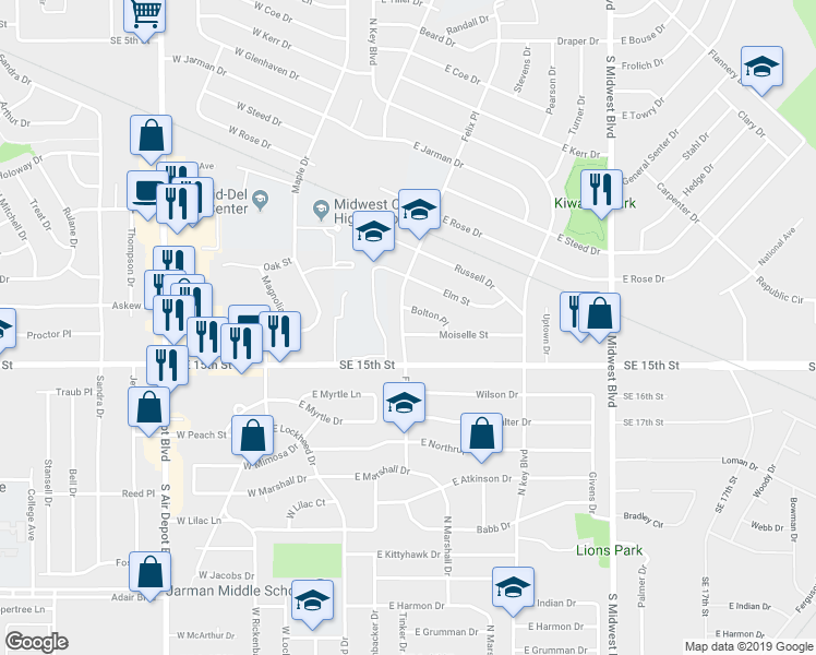 map of restaurants, bars, coffee shops, grocery stores, and more near 301 Moiselle Street in Midwest City