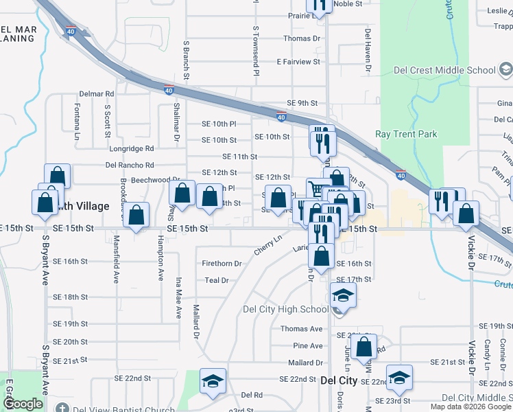 map of restaurants, bars, coffee shops, grocery stores, and more near 4001 Southeast 14th Street in Del City