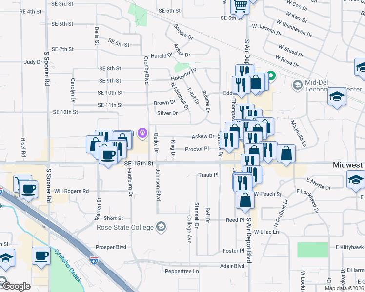 map of restaurants, bars, coffee shops, grocery stores, and more near 801 Proctor Place in Midwest City
