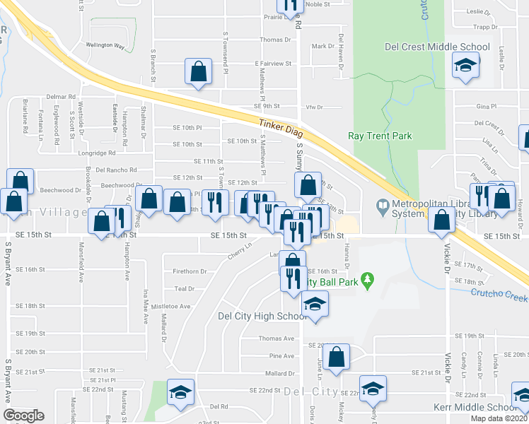 map of restaurants, bars, coffee shops, grocery stores, and more near 4105 Southeast 14th Street in Del City