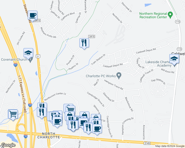 map of restaurants, bars, coffee shops, grocery stores, and more near 17224 Hampton Trace Road in Huntersville