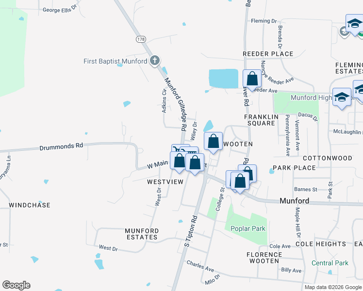 map of restaurants, bars, coffee shops, grocery stores, and more near 69 Giltedge Road in Munford