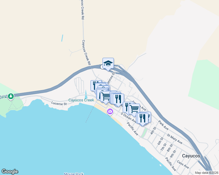 map of restaurants, bars, coffee shops, grocery stores, and more near 280 Cayucos Drive in Cayucos