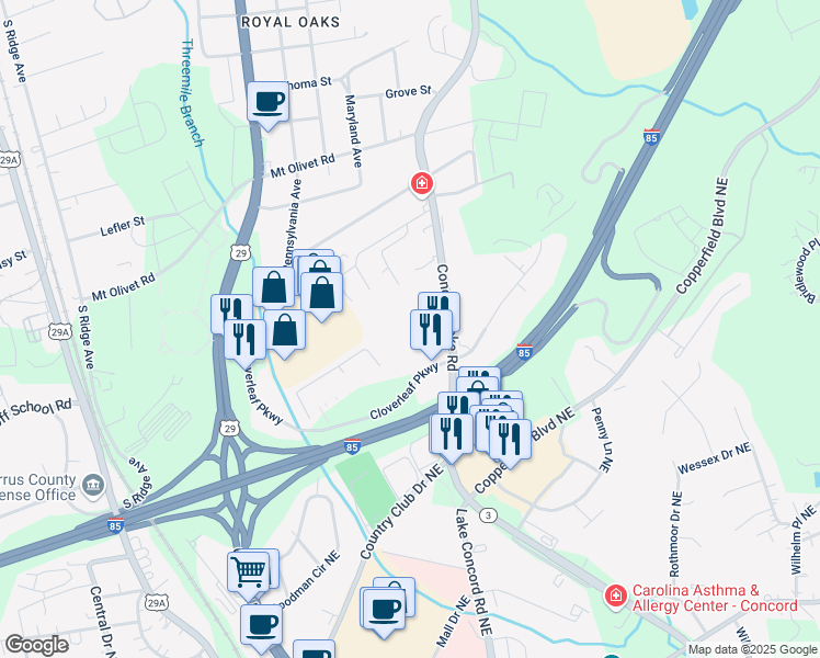map of restaurants, bars, coffee shops, grocery stores, and more near 709 Doncastle Court in Concord