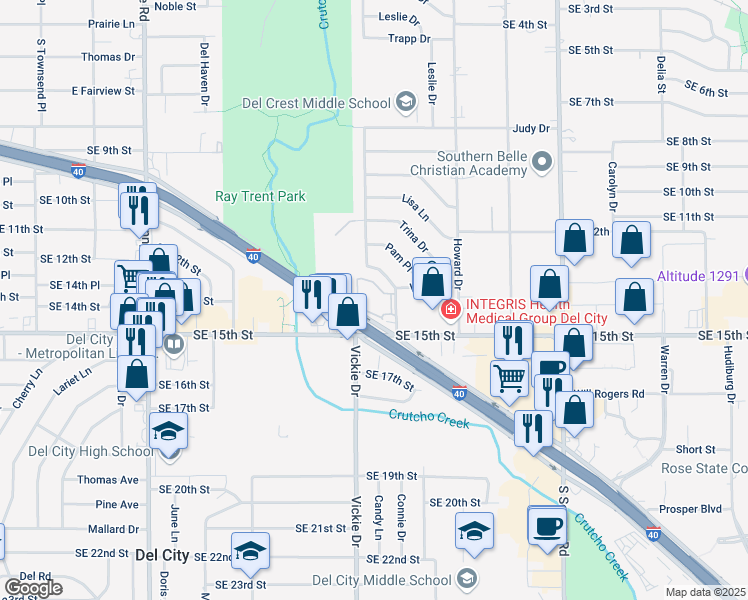 map of restaurants, bars, coffee shops, grocery stores, and more near 4 Tinker Diagonal Street in Del City