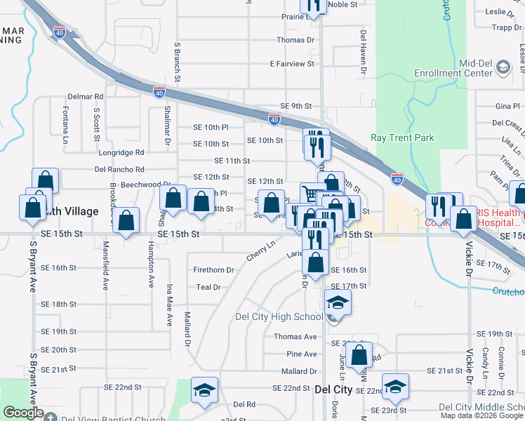 map of restaurants, bars, coffee shops, grocery stores, and more near 4017 Southeast 14th Street in Del City
