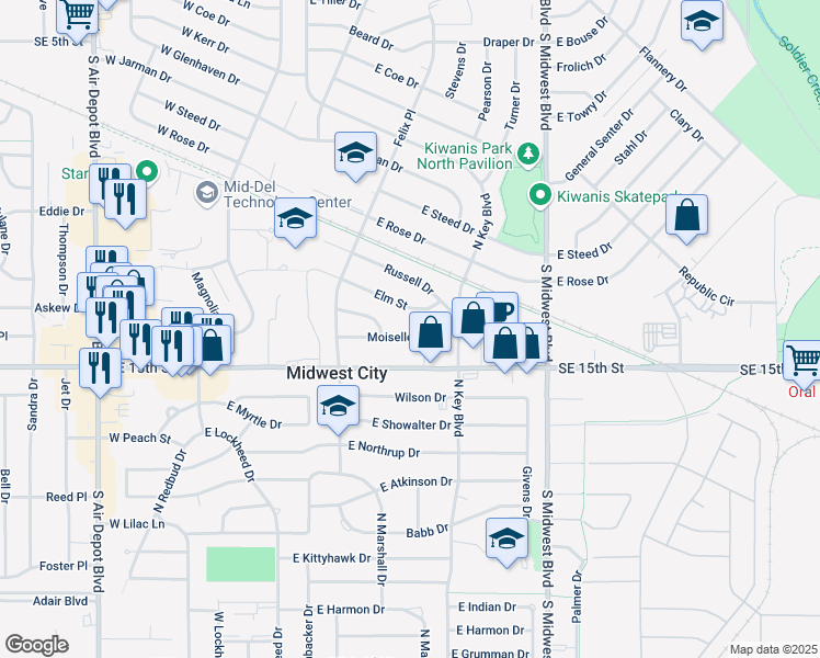 map of restaurants, bars, coffee shops, grocery stores, and more near 417 Moiselle Street in Midwest City