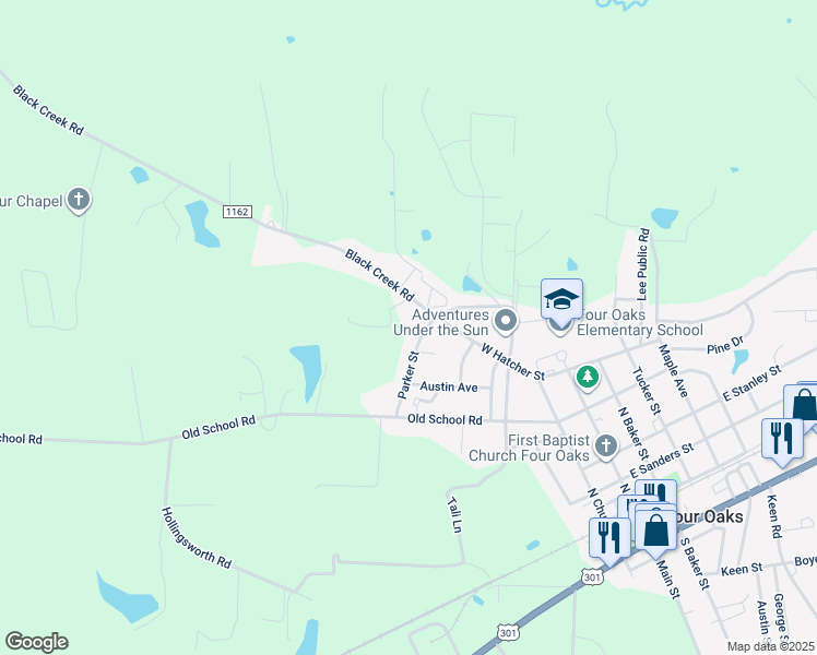 map of restaurants, bars, coffee shops, grocery stores, and more near 106 Parker Street in Four Oaks