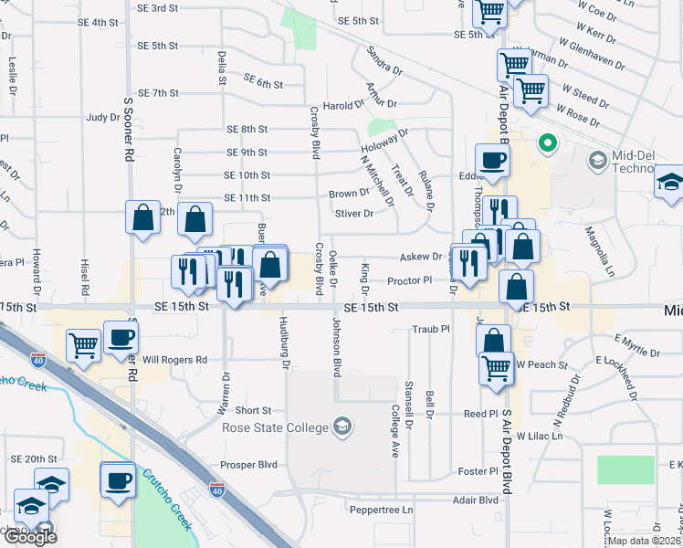 map of restaurants, bars, coffee shops, grocery stores, and more near 1505 Oelke Drive in Midwest City
