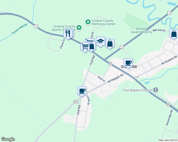 map of restaurants, bars, coffee shops, grocery stores, and more near 307 Pine Street in Snow Hill