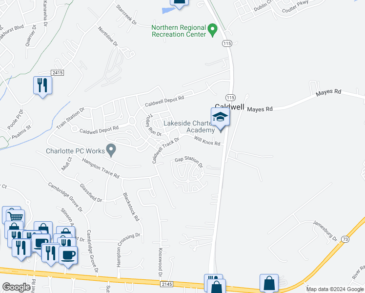 map of restaurants, bars, coffee shops, grocery stores, and more near 18474 Streamline Court in Cornelius