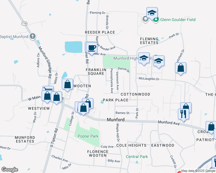 map of restaurants, bars, coffee shops, grocery stores, and more near 152 Stimpson Avenue in Munford