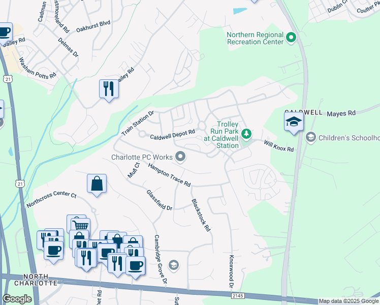 map of restaurants, bars, coffee shops, grocery stores, and more near 17225 Grand Central Way in Cornelius