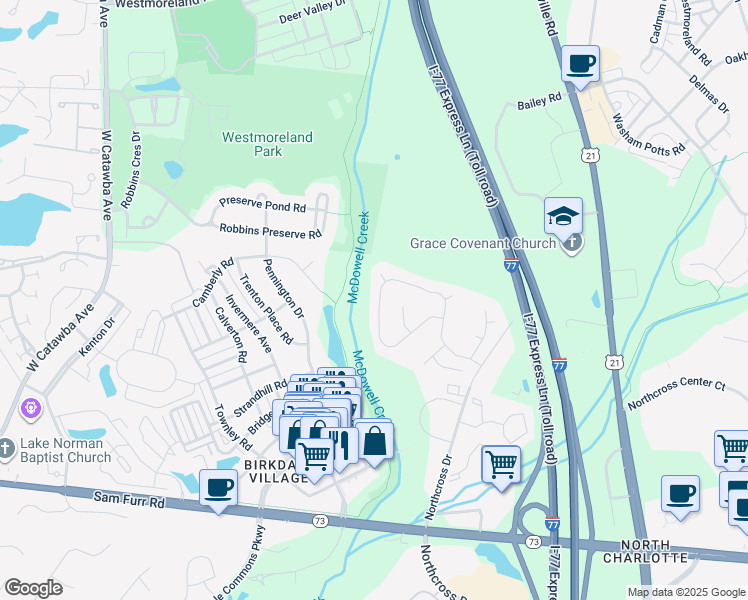 map of restaurants, bars, coffee shops, grocery stores, and more near 8429 Forest Shadow Circle in Cornelius