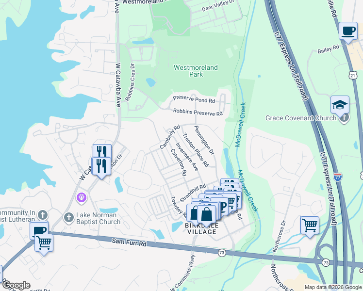 map of restaurants, bars, coffee shops, grocery stores, and more near 17538 Invermere Avenue in Huntersville