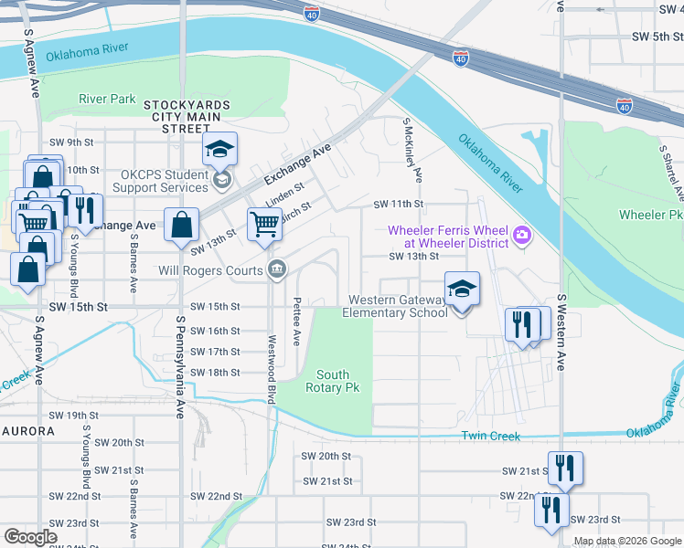 map of restaurants, bars, coffee shops, grocery stores, and more near 1500 South Indiana Avenue in Oklahoma City