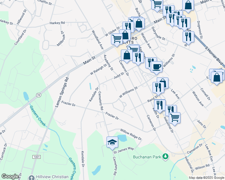 map of restaurants, bars, coffee shops, grocery stores, and more near 2414 Shawnee Drive in Sanford
