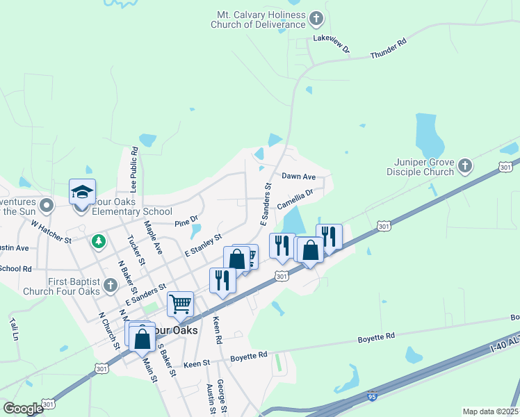 map of restaurants, bars, coffee shops, grocery stores, and more near 629 East Sanders Street in Four Oaks